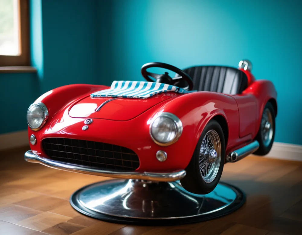The red race-car barber chair on its chrome pedestal with a folded striped cape over the bonnet