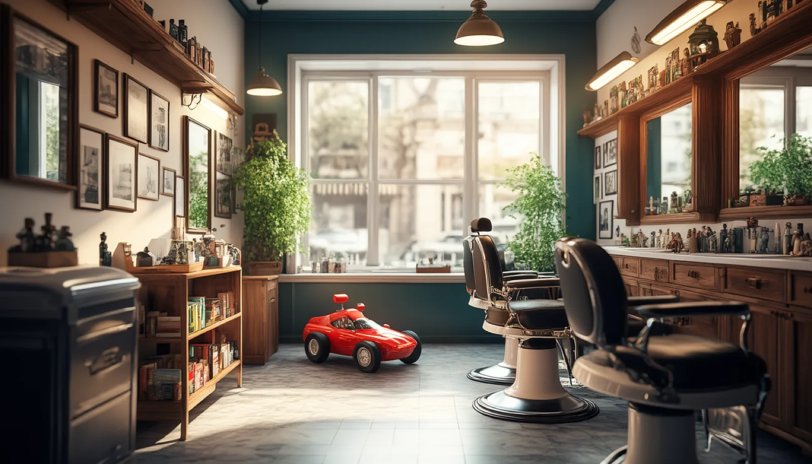 The shop from the inside: barber chairs in a row, the little red race car on the floor and a shelf of picture books by the window