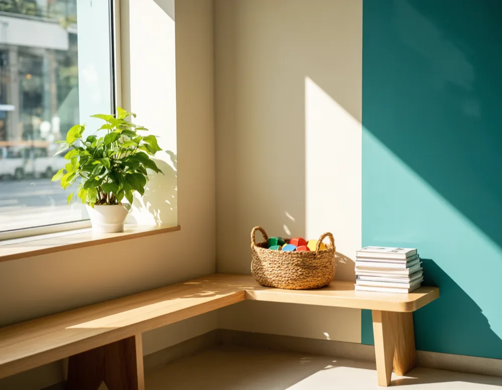 The sunlit waiting corner at Papa & Bande with a wooden bench, a basket of toys and picture books